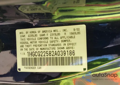 2002 Honda Accord 3.0 Ex from USA, damaged, VIN 1HGCG22582A039186